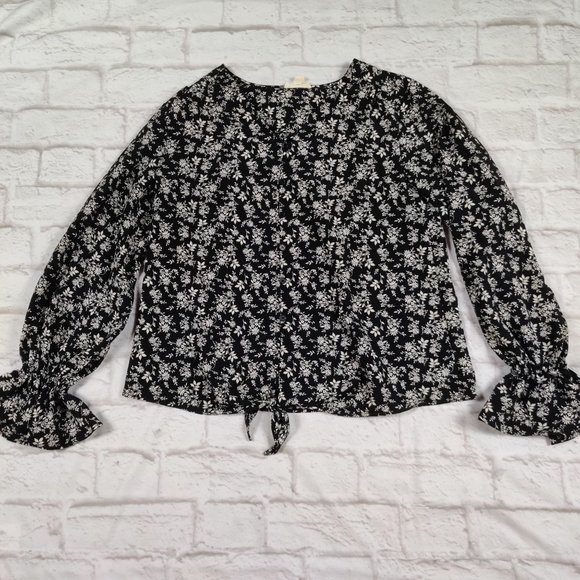Sandy & Sid womens button down flounced long sleeve shirt black floral top sz M - Picture 1 of 11